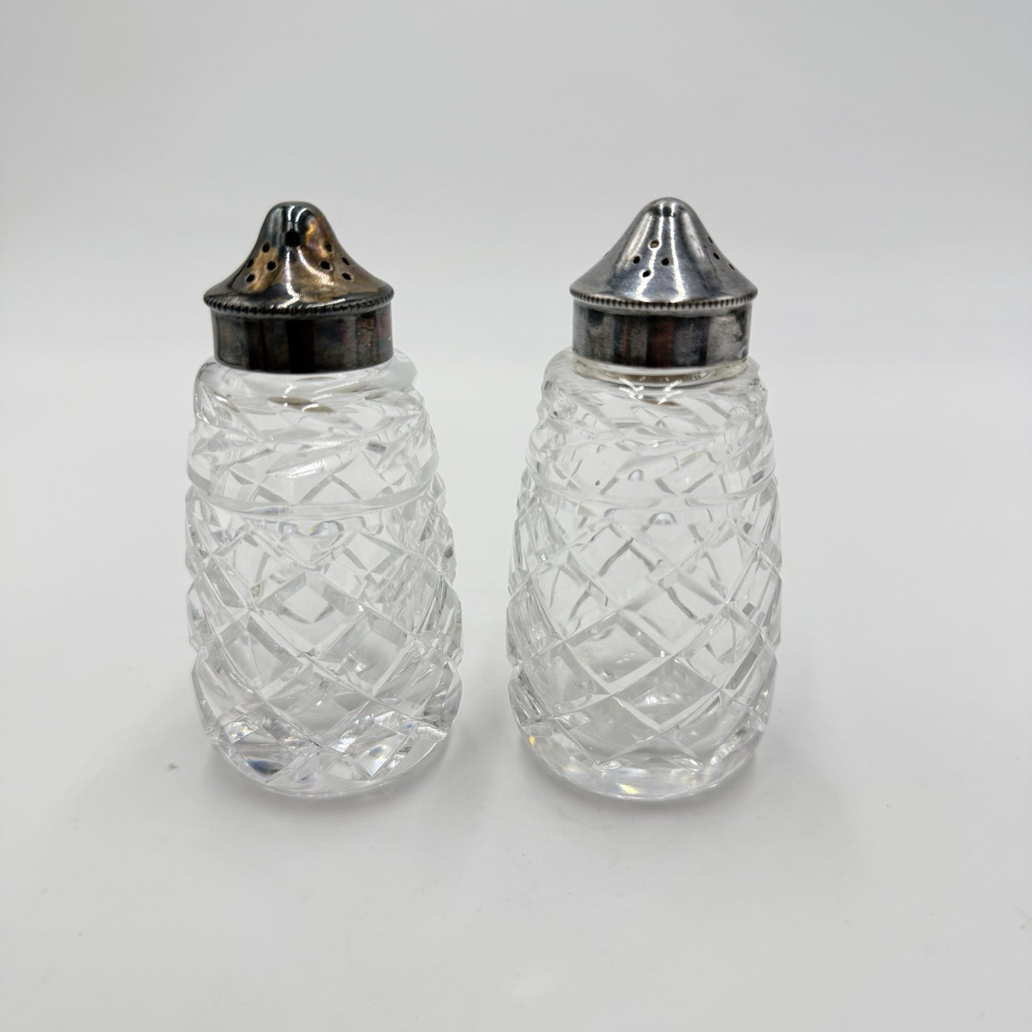 Waterford crystal salt/ pepper shakers Glandore pattern set 2 EPNS silver tops