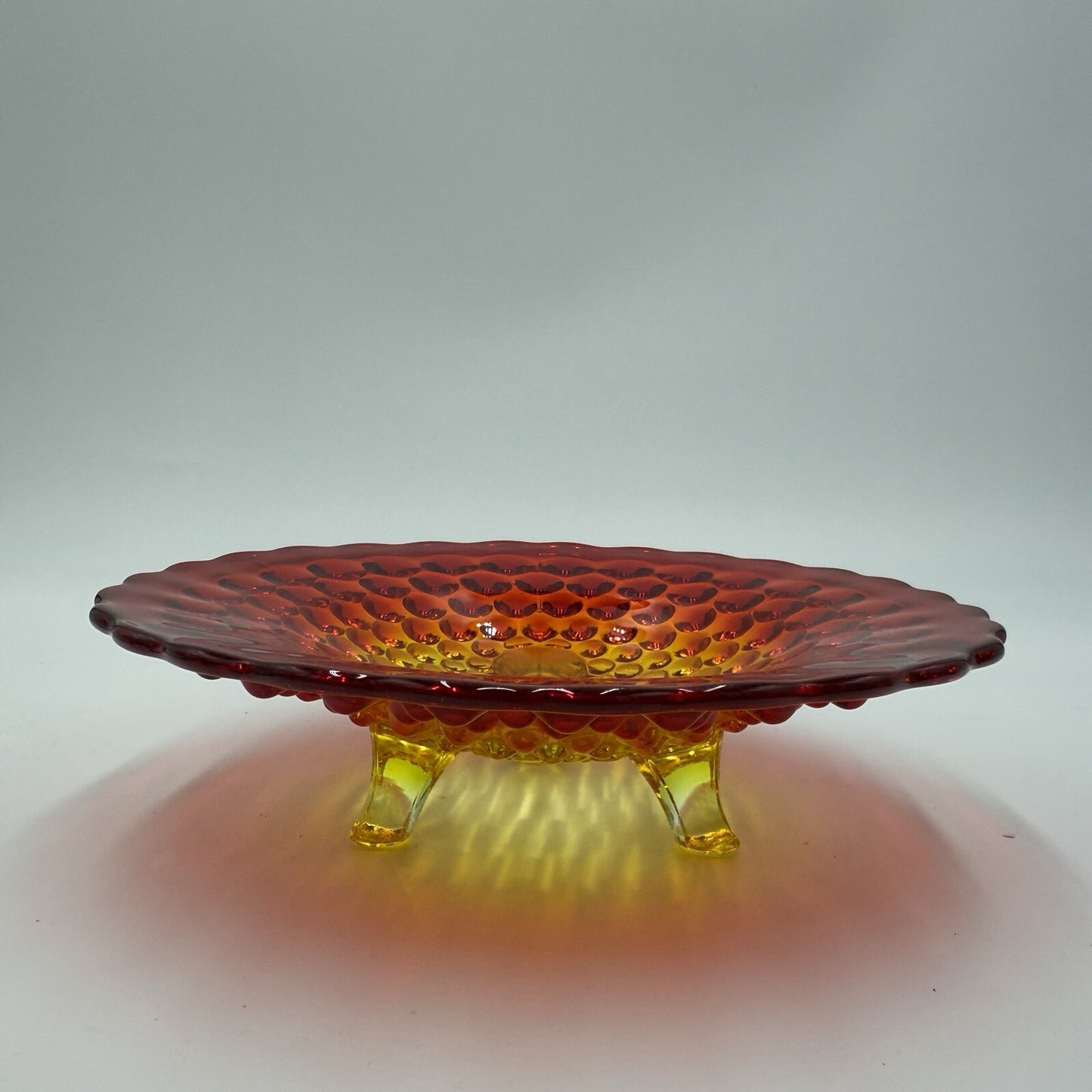 Vintage Fenton Art Glass AMBERINA Hobnail Footed Dish Bowl 7in Red Orange