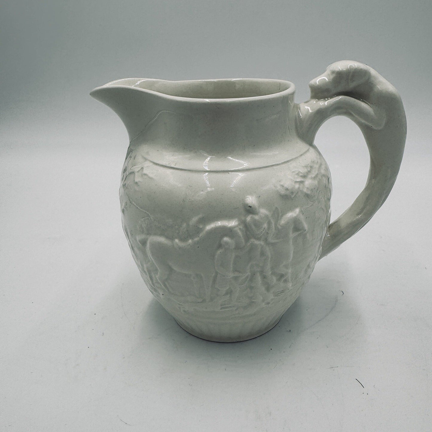 Wedgwood Etruria 4.5” Pitcher Grazed White Hunting Scene Embossed #36 Antique