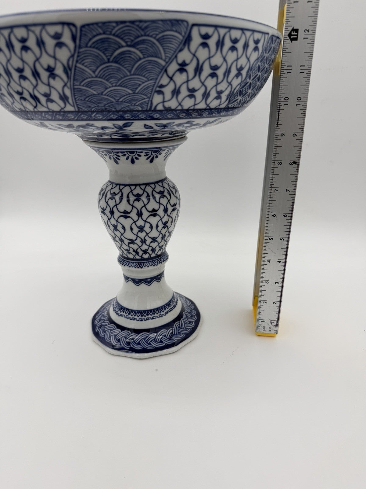 Bombay Company Blue & White Porcelain Compote Pedestal Bowl Footed 12”H X11”w
