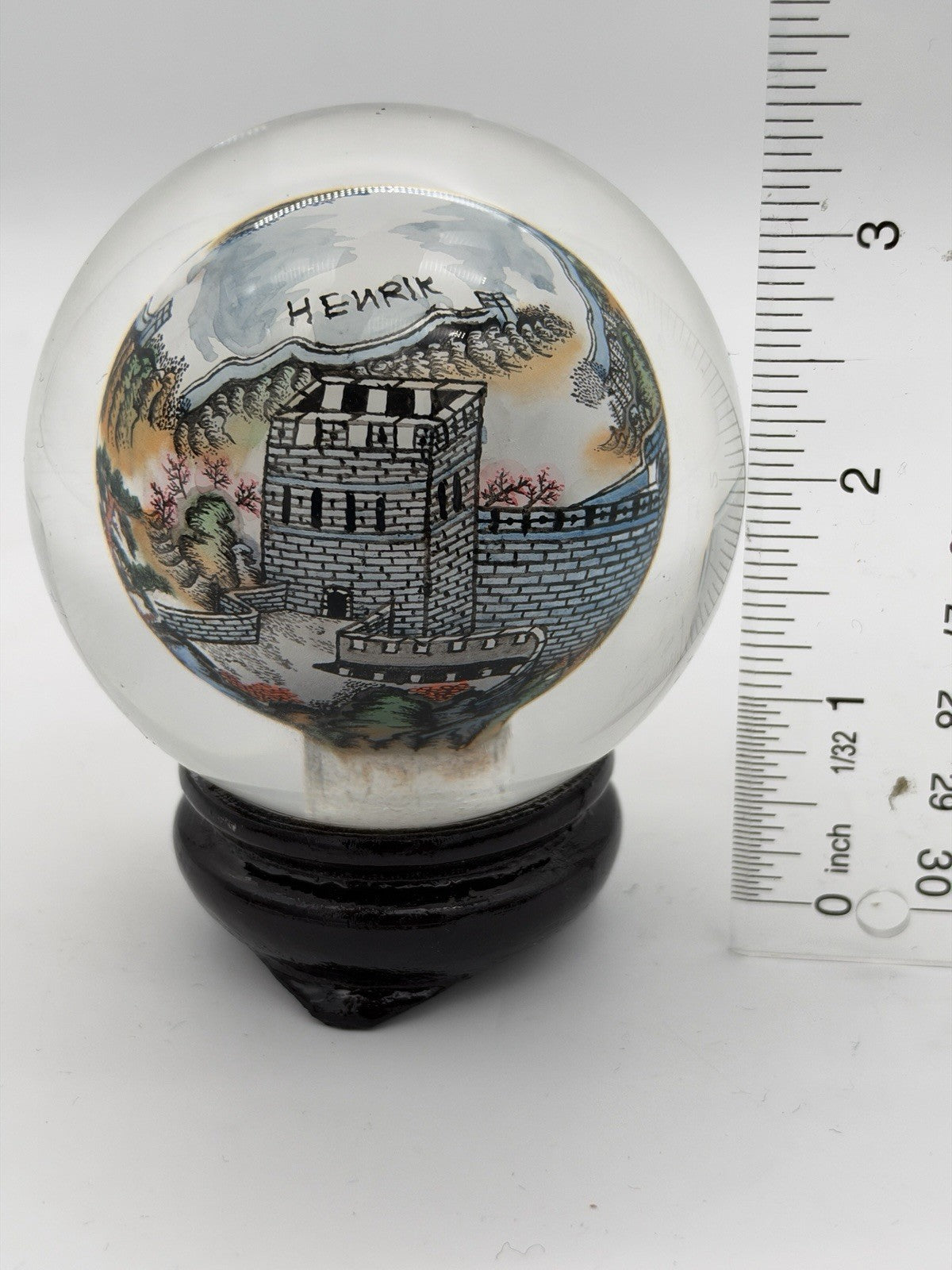 Chinese Reverse Painted Great Wall Art Glass Crystal Ball Sphere Signed 3.5”
