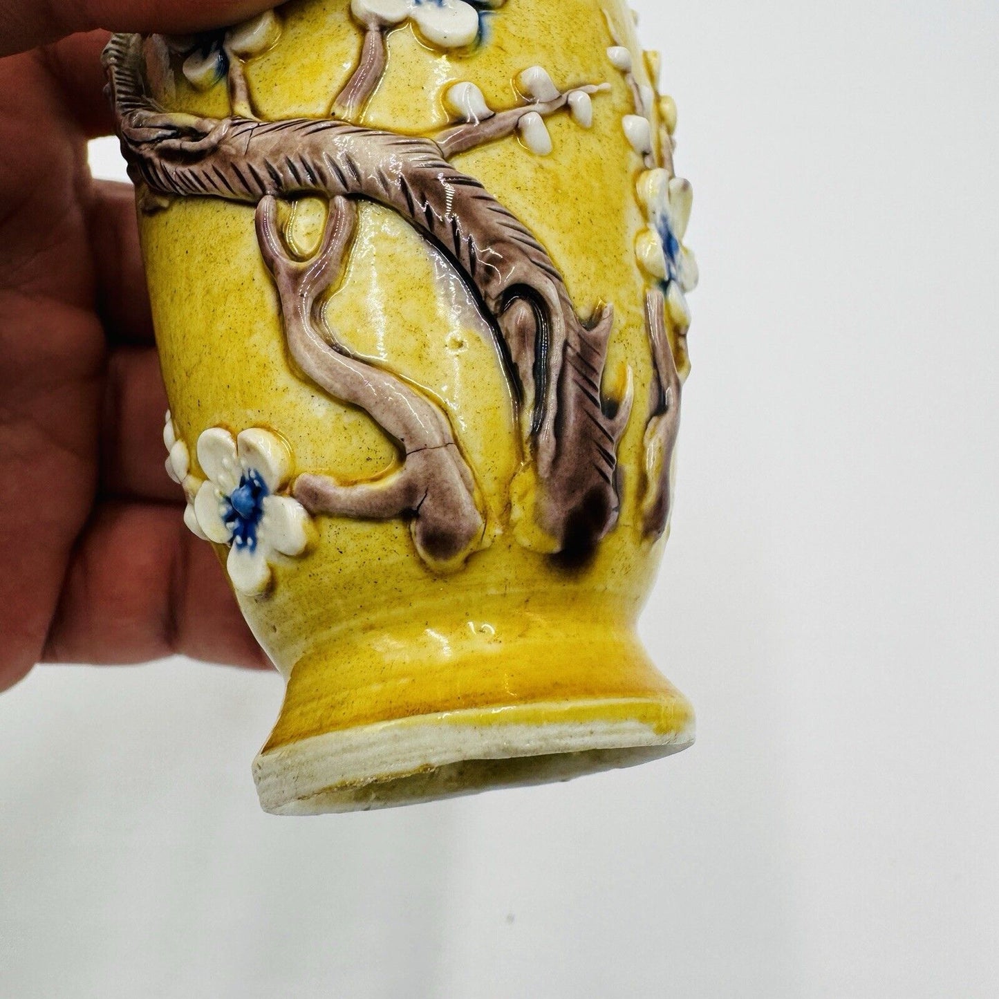 Antique Chinese Yellow Qing Dynasty Plum Blossoms Floral Mini Vase 5”