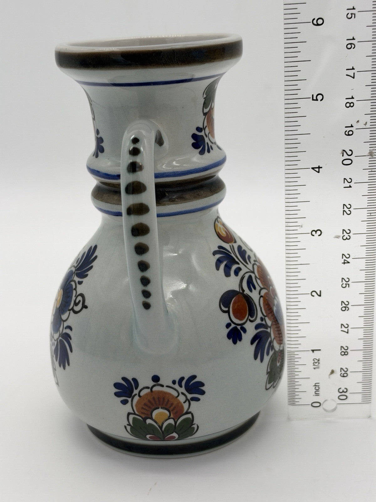 Delft Dutch Art Pottery Polychroom Pitcher Hand-Painted Floral Ceramic Vase 6”