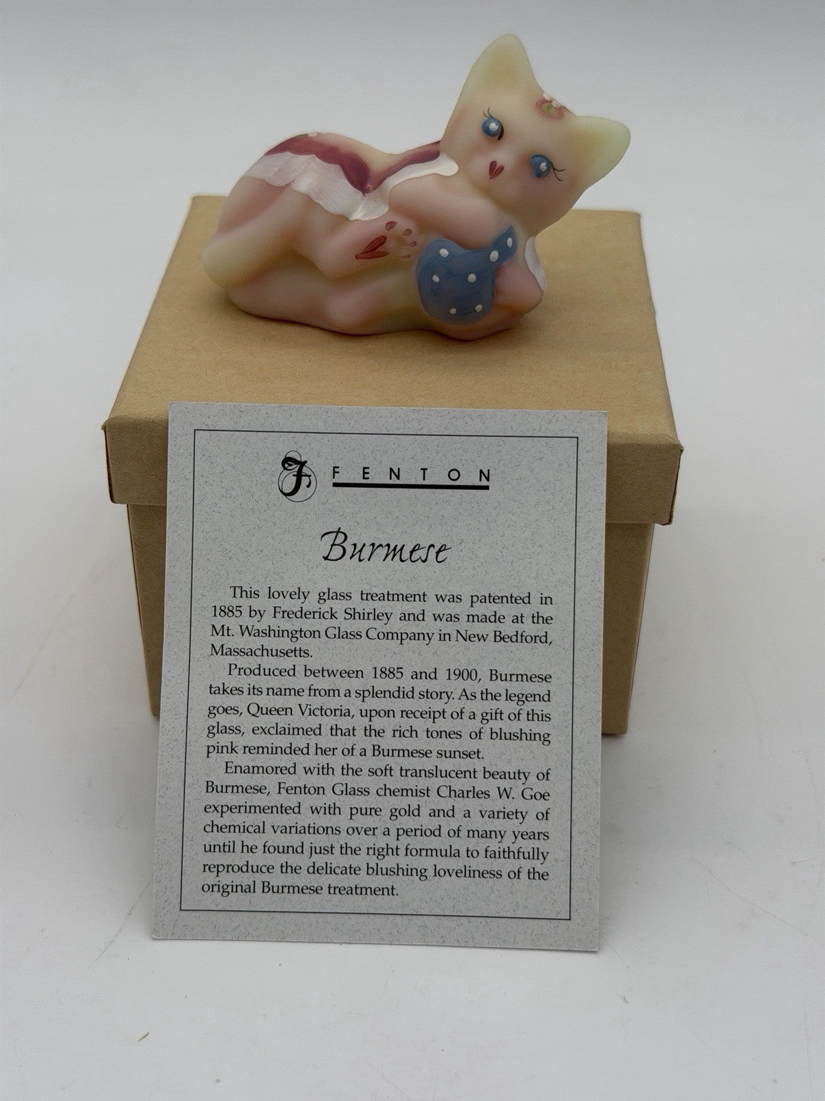 Fenton Art Glass Burmese Kitten Cat W/Ball 100 Years Vtg UV Glow 5044 Figurine