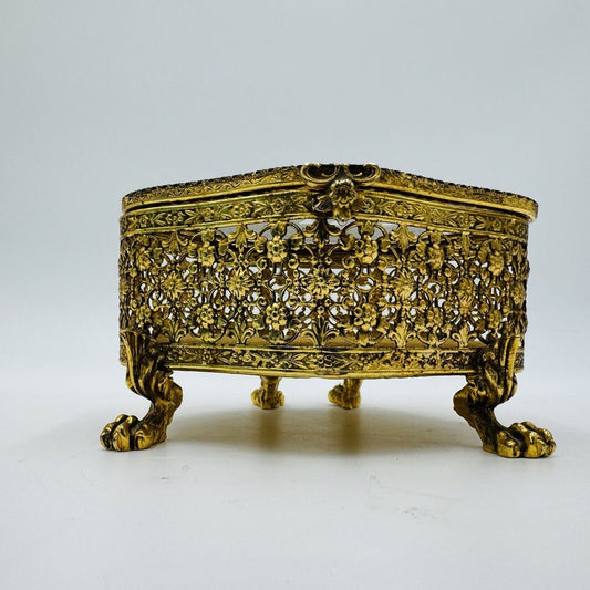 French Beveled Glass Gold Filigree Ormolu Jewelry Casket Box Claw Foot Vintage