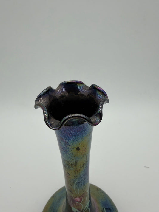 Vintage Art Nouveau Iridescent Art Glass Painted Rose Signed Vase 9”H
