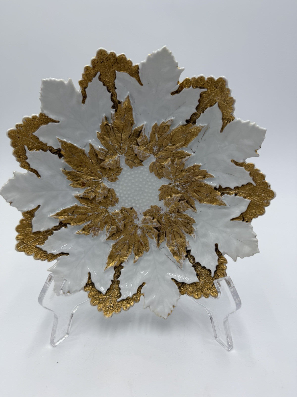 Antique 19th Century Meissen Porcelain White/Gold Gilt Leaf Plate 8” Germany