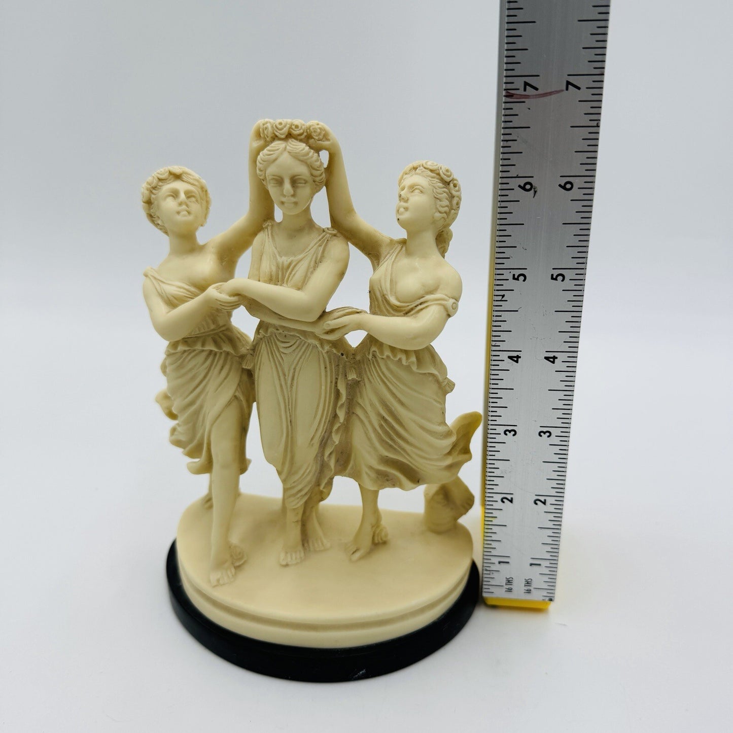 Signed P.A.T Italy Alabaster Three Graces Figurine  Marble Black Base Sculpture