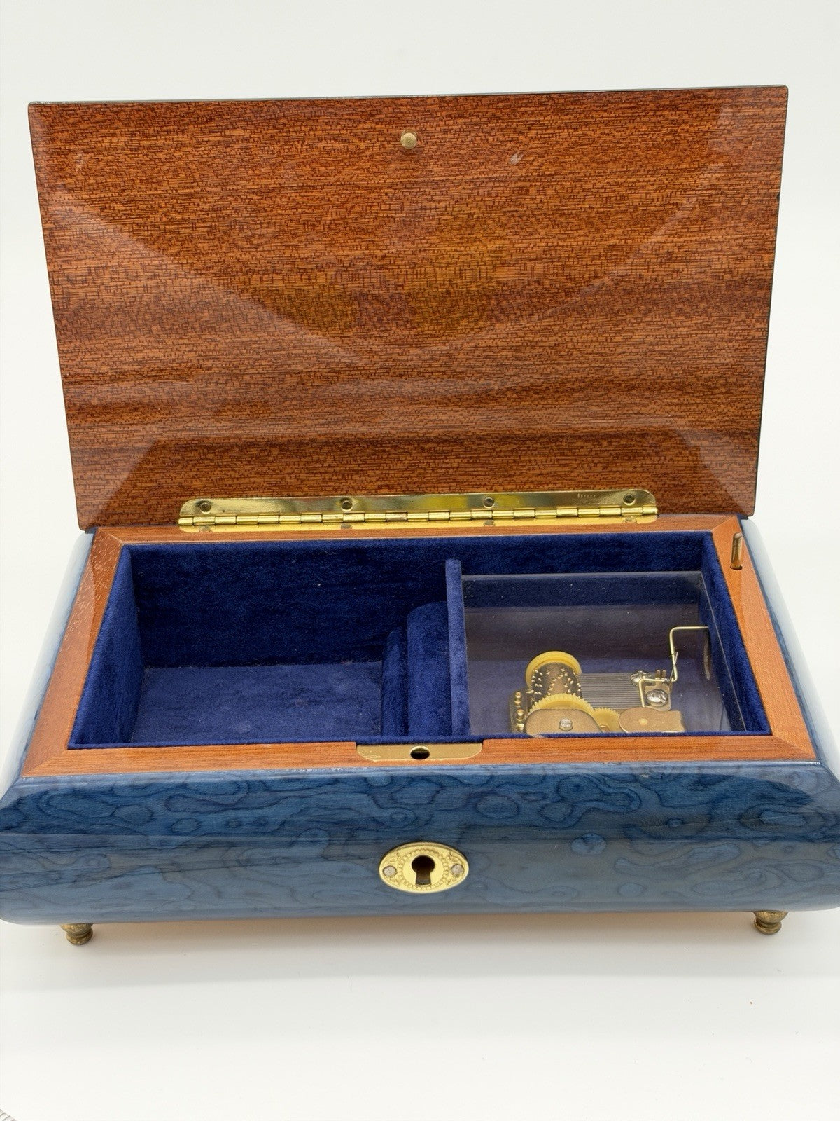 Sorrento Italy Blue Floral Inlay Wooden Music Box Plays Memorie Cats Works