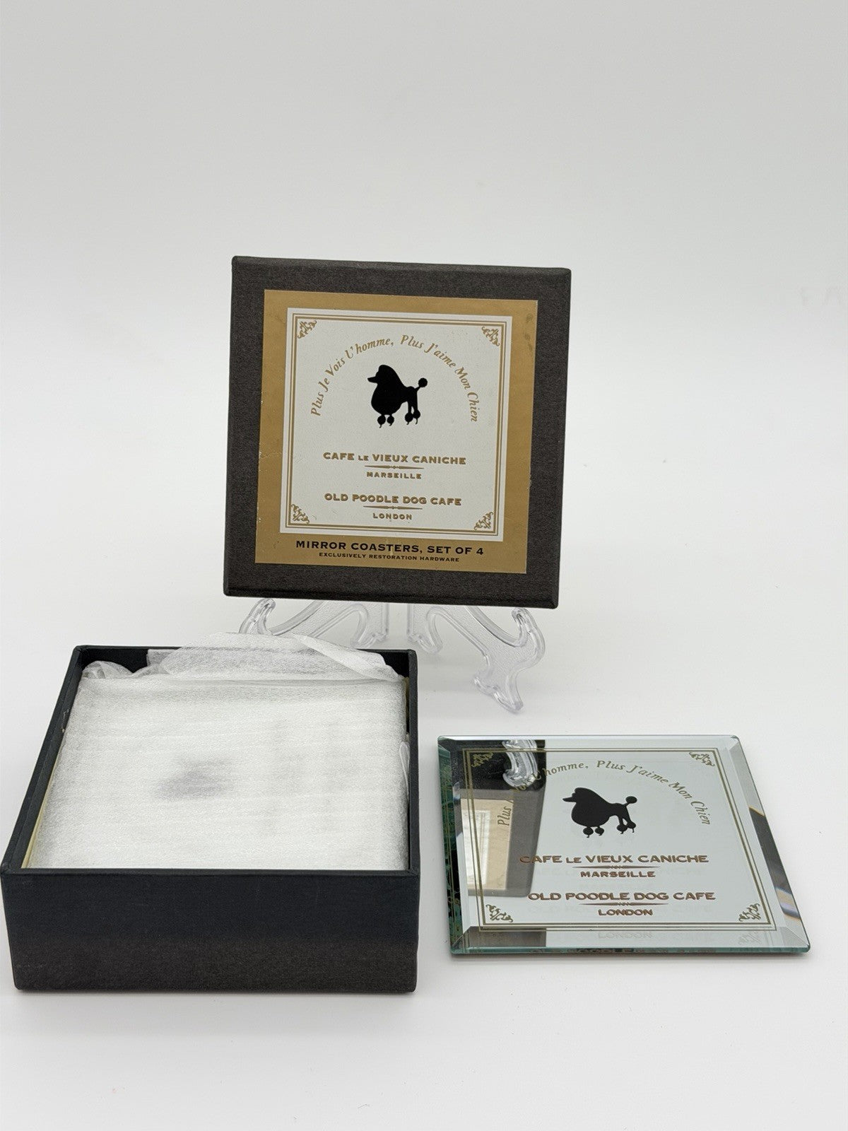 Restoration Hardware MIRROR POODLE coasters Old Poodle Dog Cafe Set Of 4 London