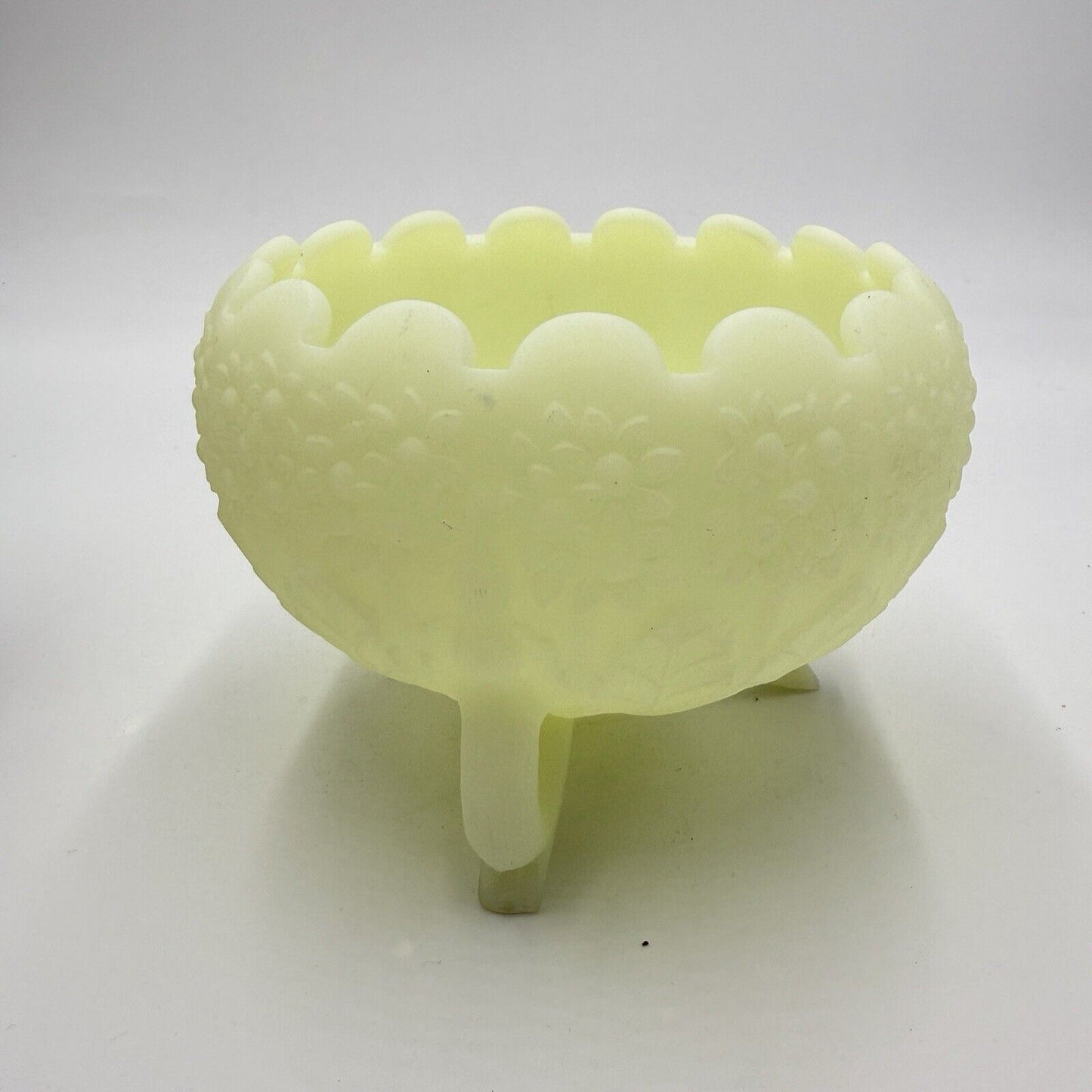 Fenton Custard Satin Uranium Glass 3 Footed Orange Tree Leaf & Rose Tip Bowl