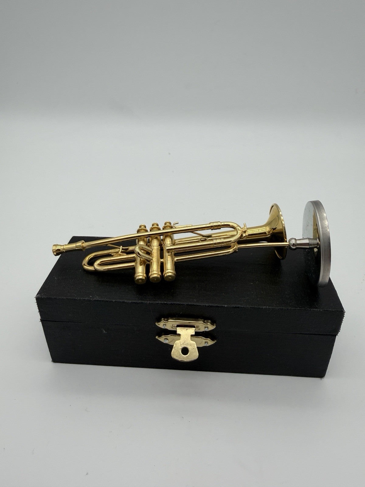 Broadway brand 5” miniature trumpet Instrument Brass figurine W/case & Stand Vtg