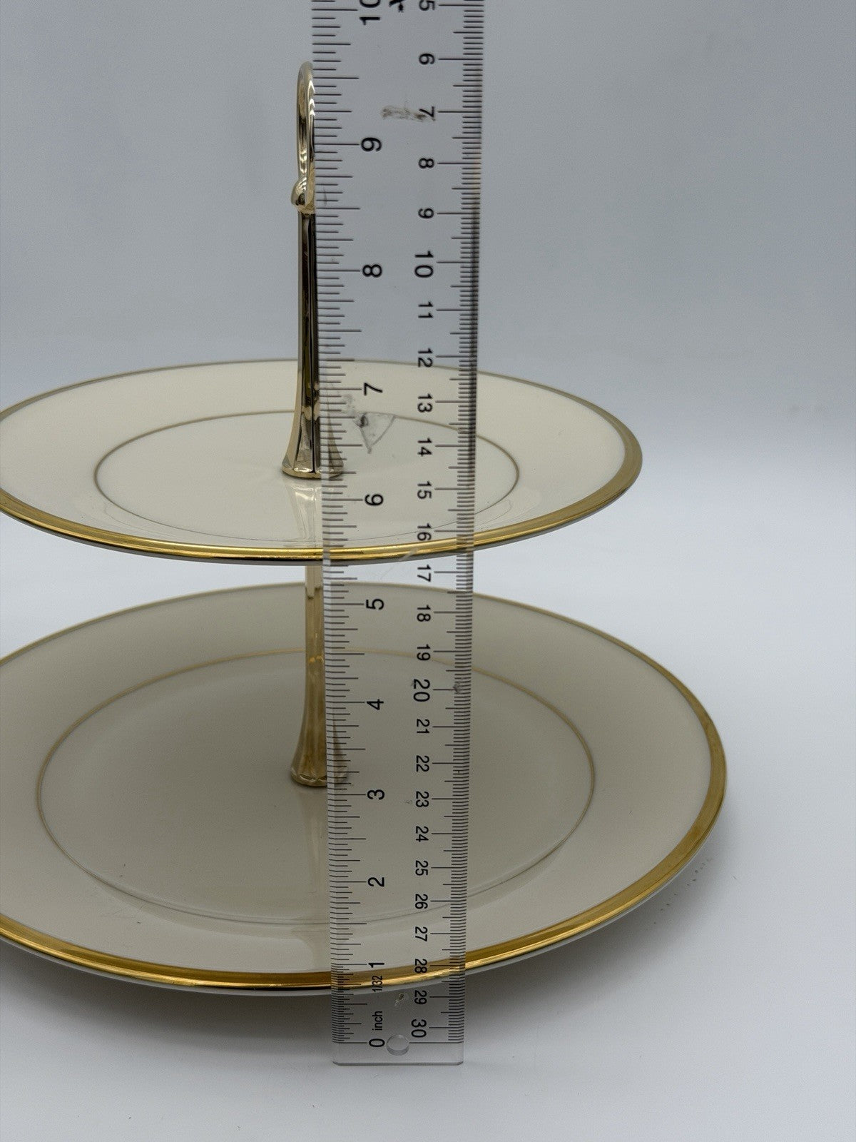 Lenox USA Porcelain  Eternal Gold 2 Tier Tidbit Appetizer Stand Gold rim 10”&8”