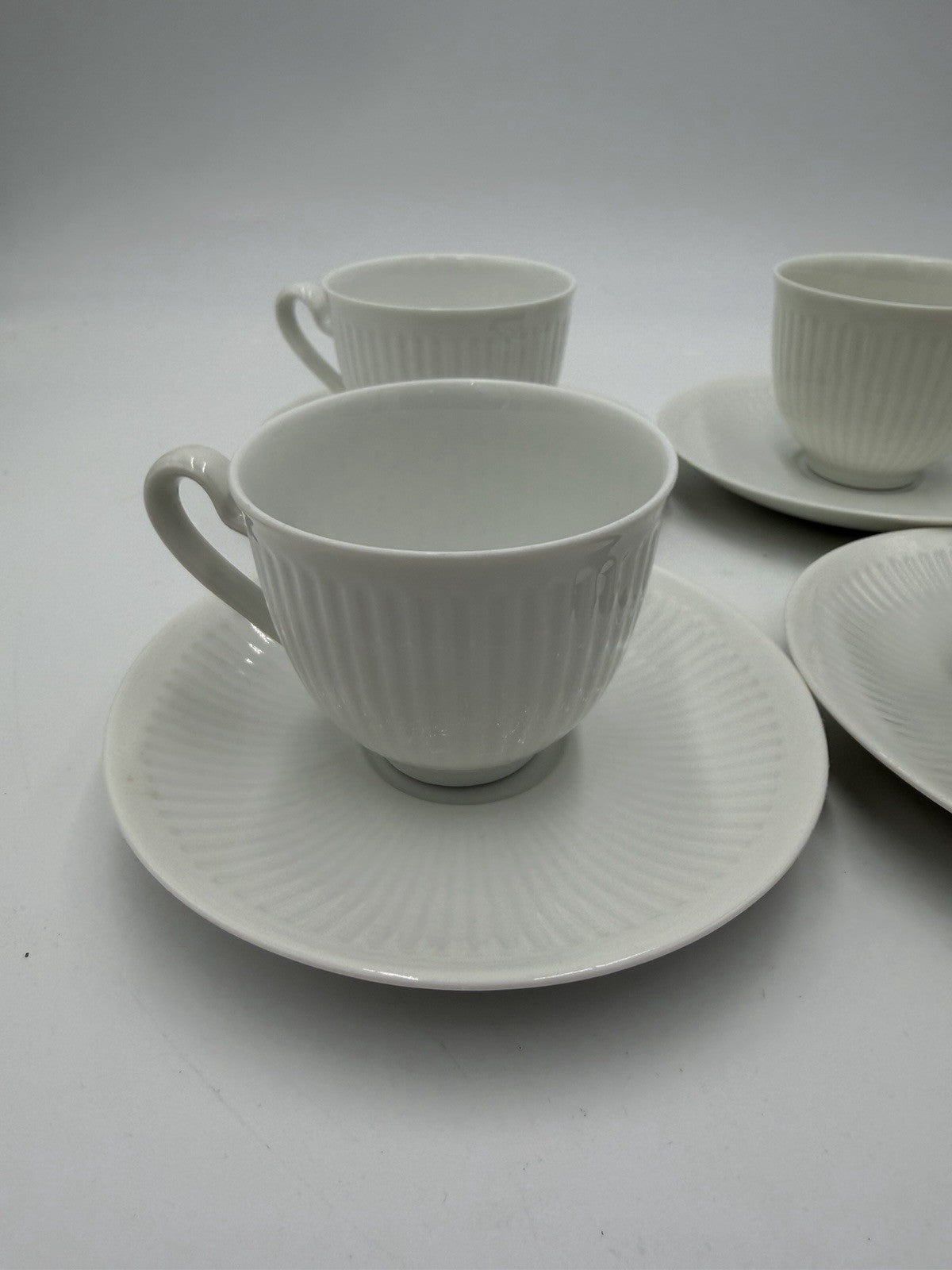 Royal Copenhagen Denmark White Georgiana Flat Demitasse Cups & Saucers 4 Sets