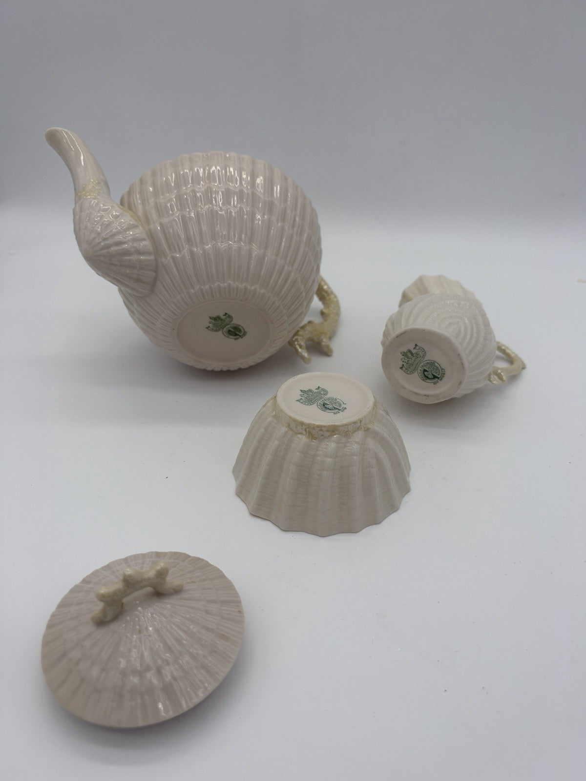 Belleek Ireland Limpet Shell Pattern Teapot Creamer &sugar Bowl 2nd Green Mark