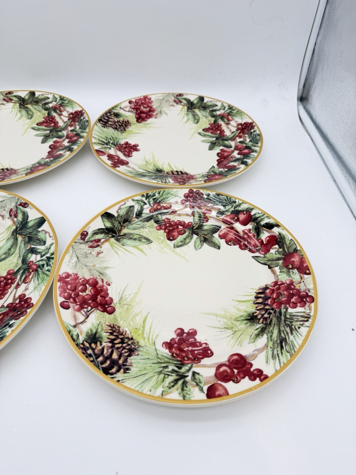 Botanical Wreath Williams Sonoma Dinner Plates 10.5” Red Berries & Pinecones 4