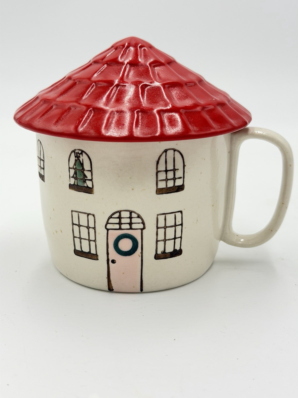 Anthropologie Cozy Home Red Village Rooftop Lid Christmas Coffee Tea Mug Rare