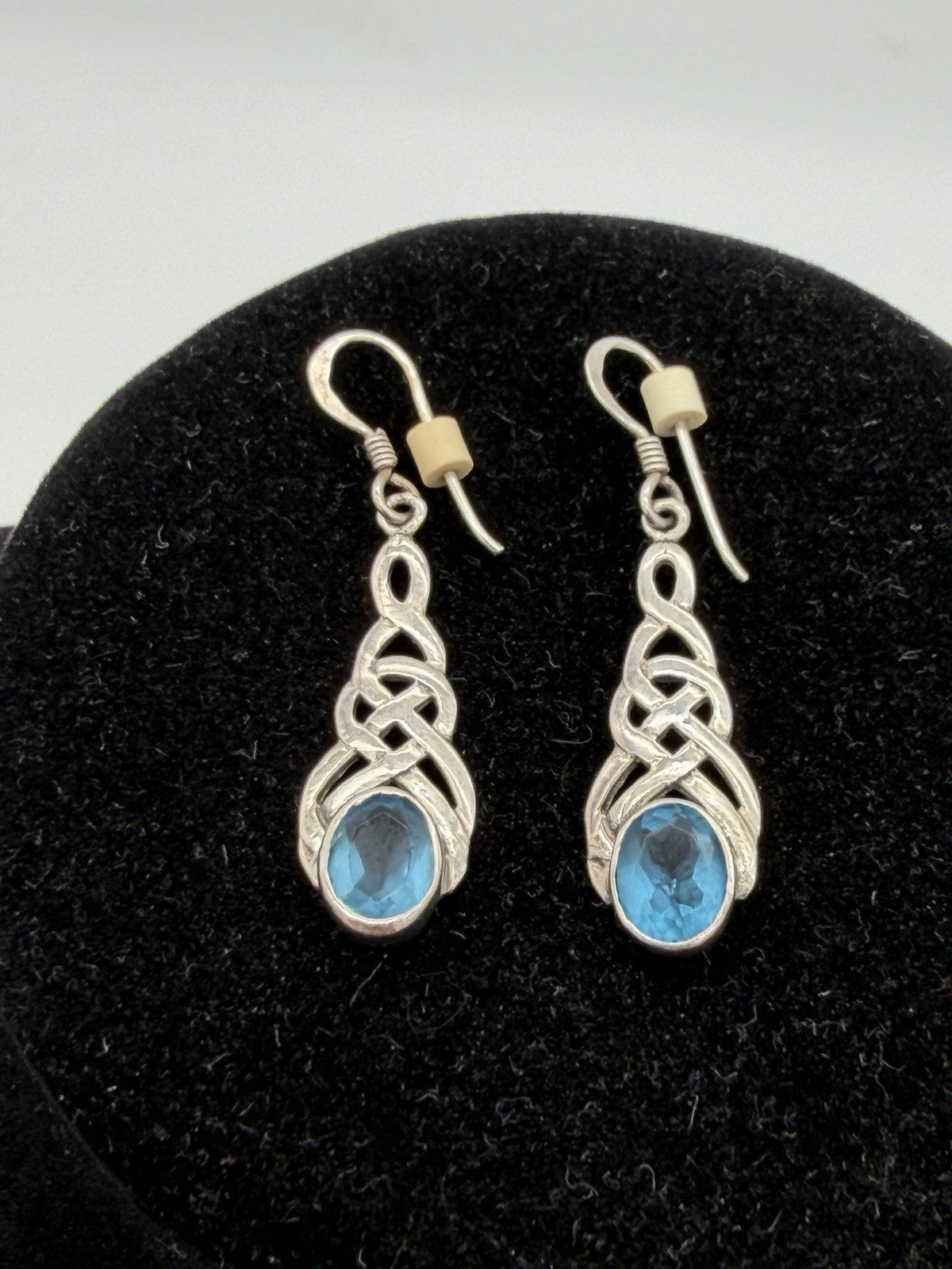 Vintage Sterling Silver & Blue Topaz Scottish Celtic Drop Dangle Earrings