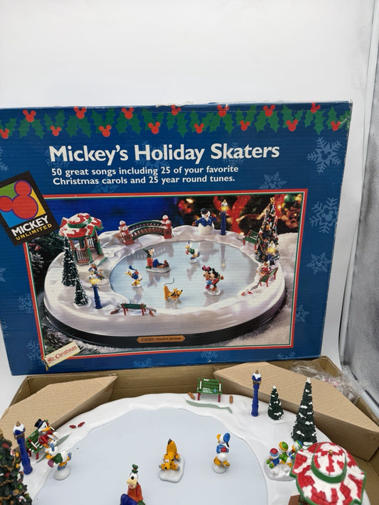 Mr Christmas 1996 Disney Mickeys Holiday Skaters Ice Skating Pond Rink Complete