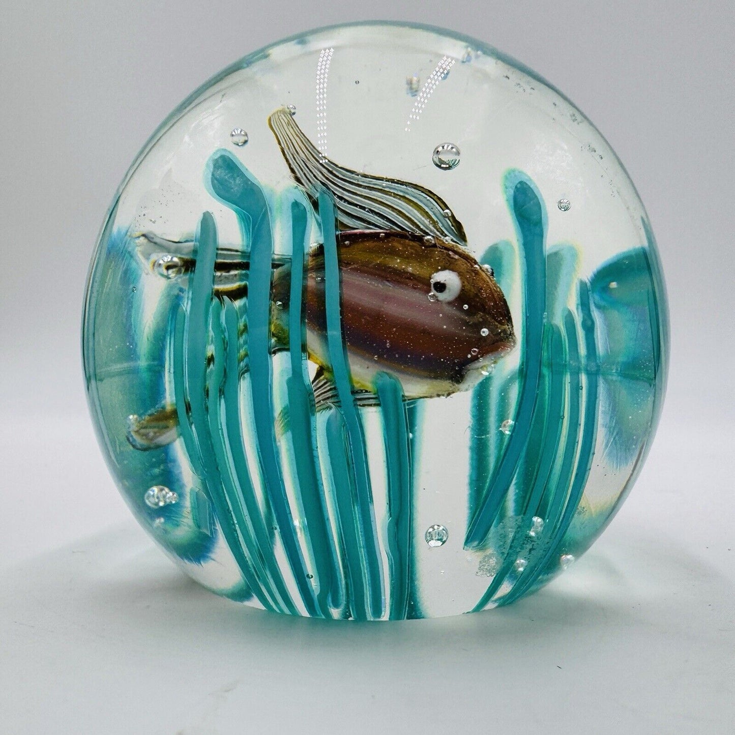 Murano Art Glass Fratelli Toso Italy fish w/ sea grass paperweight 3” MCM