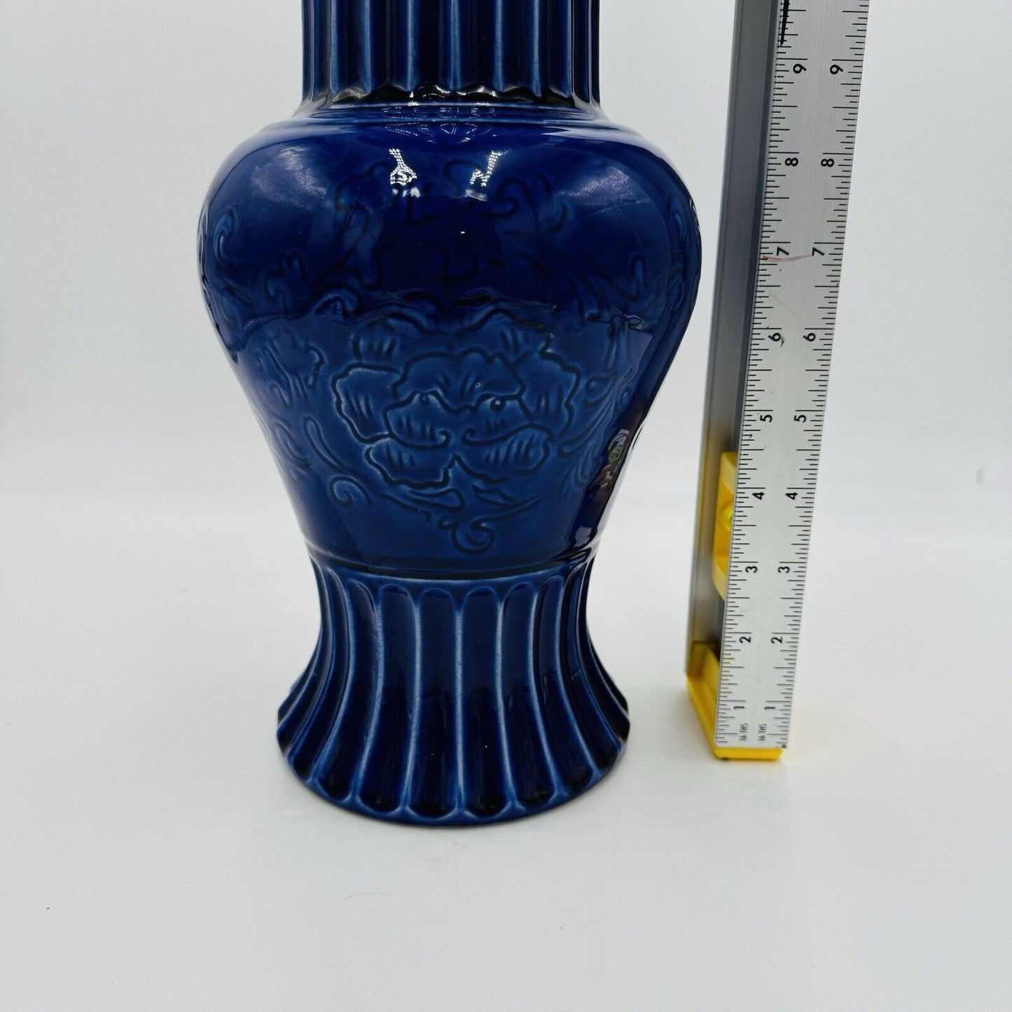 Hyalyn Pottery Vase 15in Cobalt Blue Floral Etched USA #571 MCM Large Standing