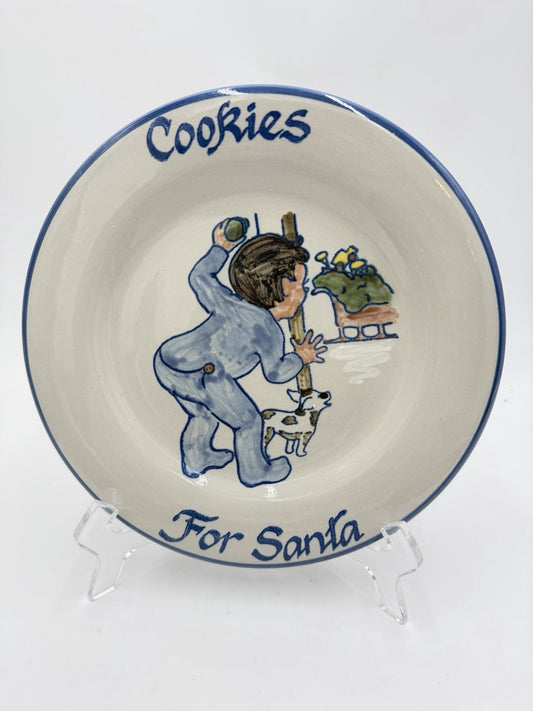 Louisville Stoneware Kentucky Pottery Cookies For Santa Plate 9” Blue Rim Boy