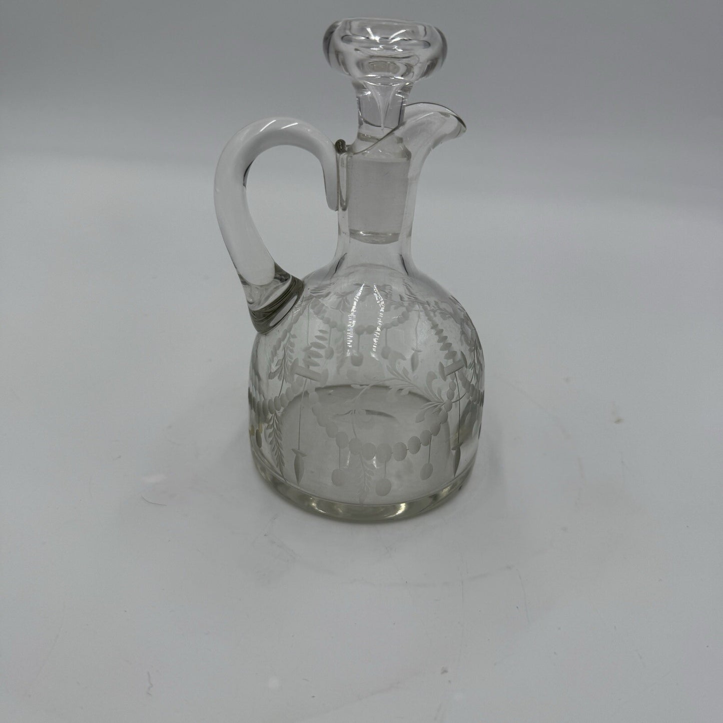 Antique Hawkes Etched Oil & Vinegar pitcher W/ Glass Stopper Rare Signed 5.5in
