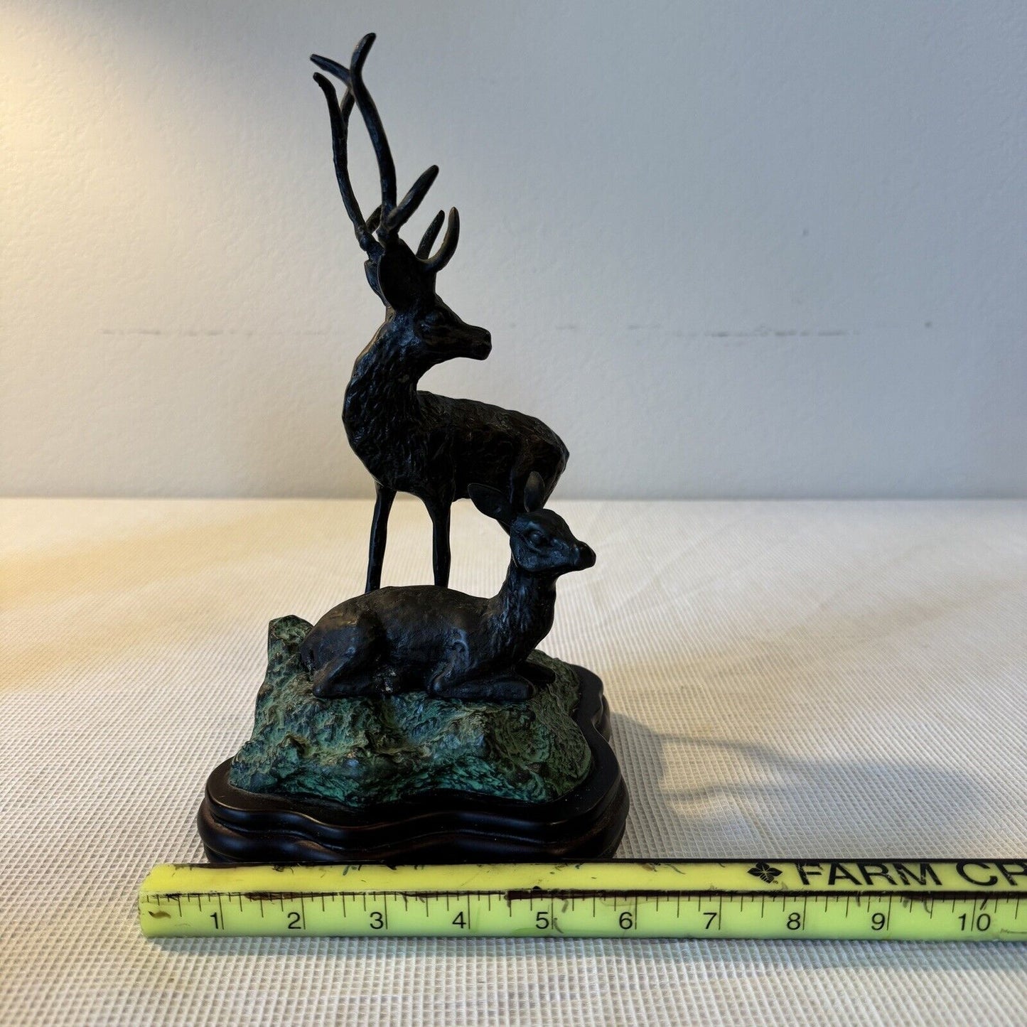 Bronze Sculpture Deer Stag Buck with Doe on Wood Base 10in Tall Natural Pose