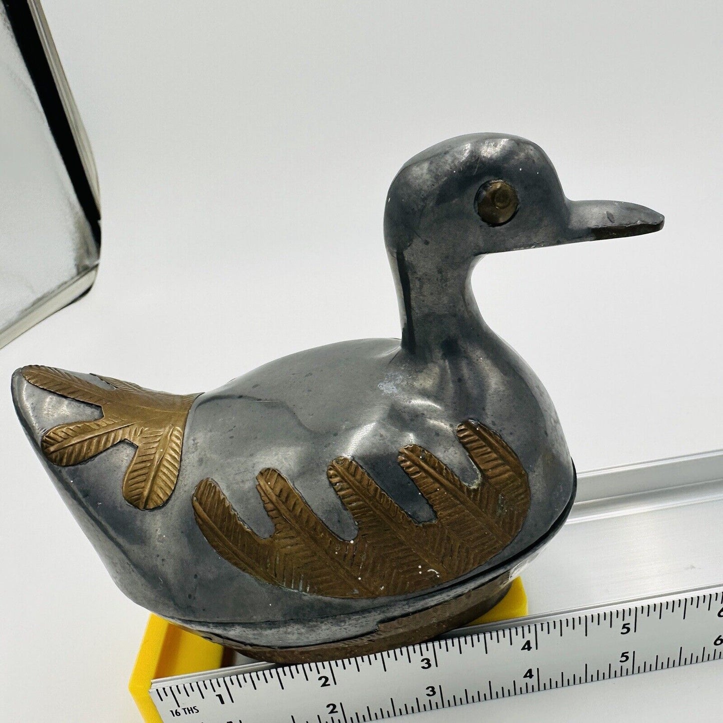 Duck Trinket Jewelry Box Pewter Brass Metal Hand Crafted Vintage 1960s MCM