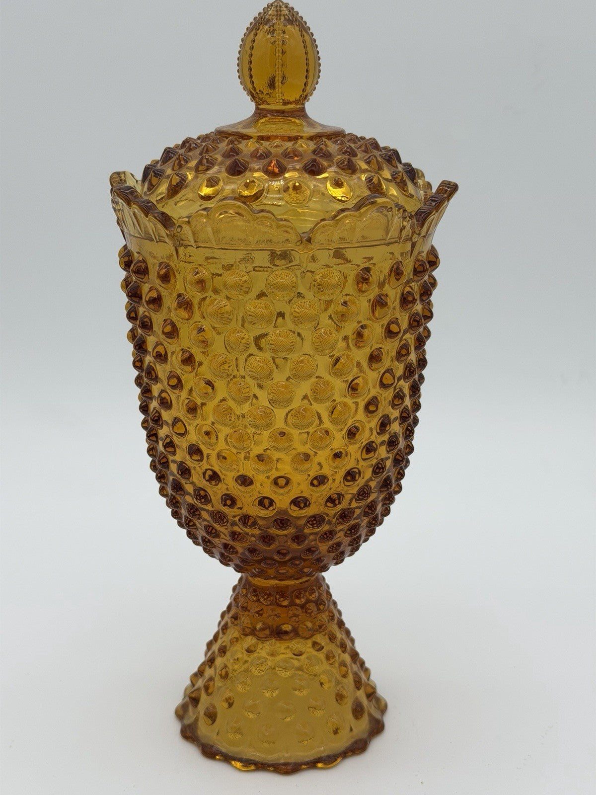 Fenton Art Glass Hobnail Colonial Amber Candy Dish With Lid 11”H Vintage USA