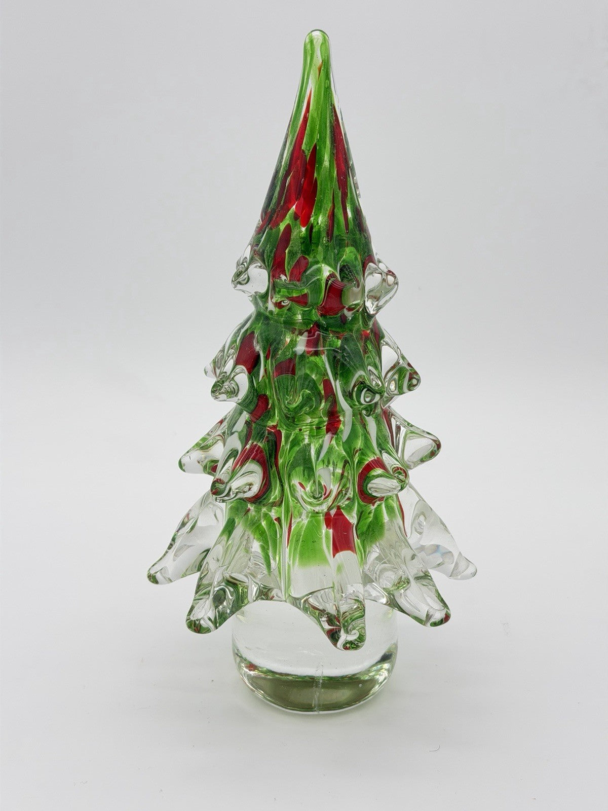 Vtg Hand Blown Art Glass Christmas Tree 9.5”H Green & Red Paperweight Figurine