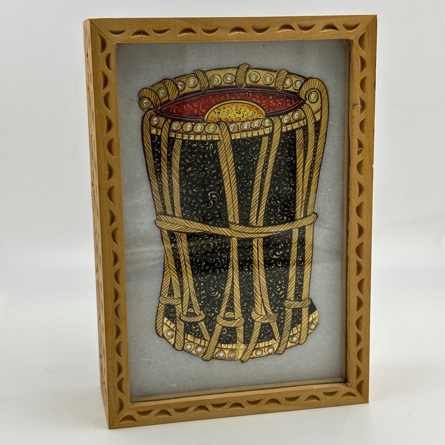 Jewelry Box The Nodding Head Dhol Drum on Lid Red Velvet Carved Wooden