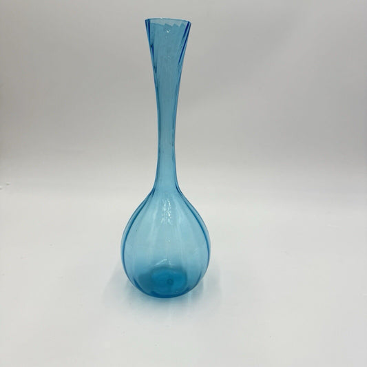 Vintage Swedish Art Glass Flower Bud Aqua Blue Bulb Glass Vase 10” Swirl