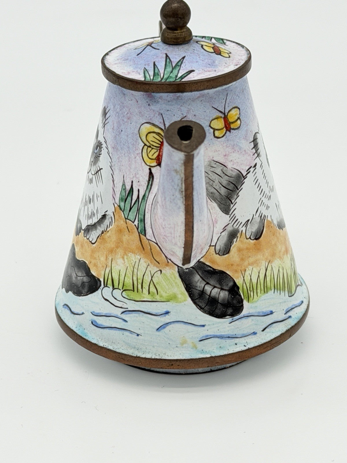 Vintage Kelvin Chen Enameled Hand Painted Cat Miniature Tea Pot 3.5”H Rare