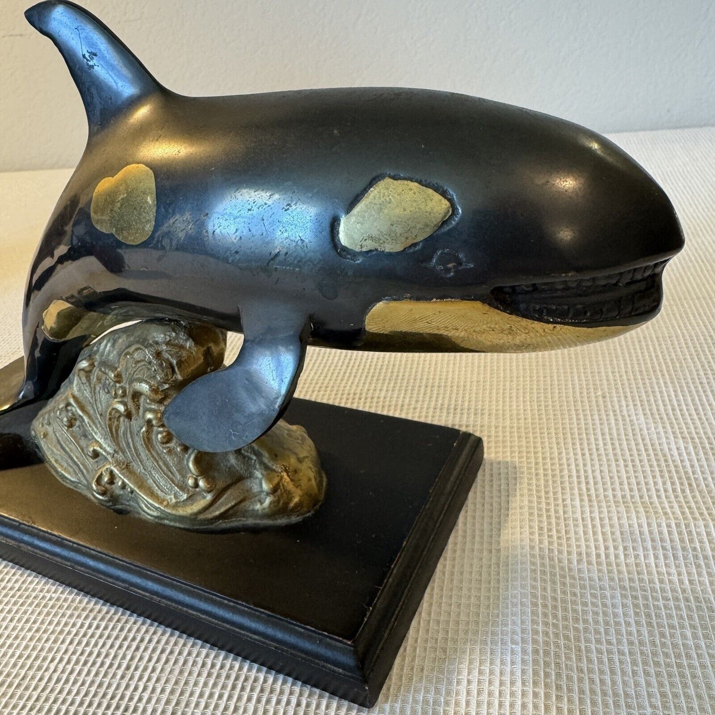 Orca Metal Sculpture No Marking Wooden Base Randy Puckett Style Not Original