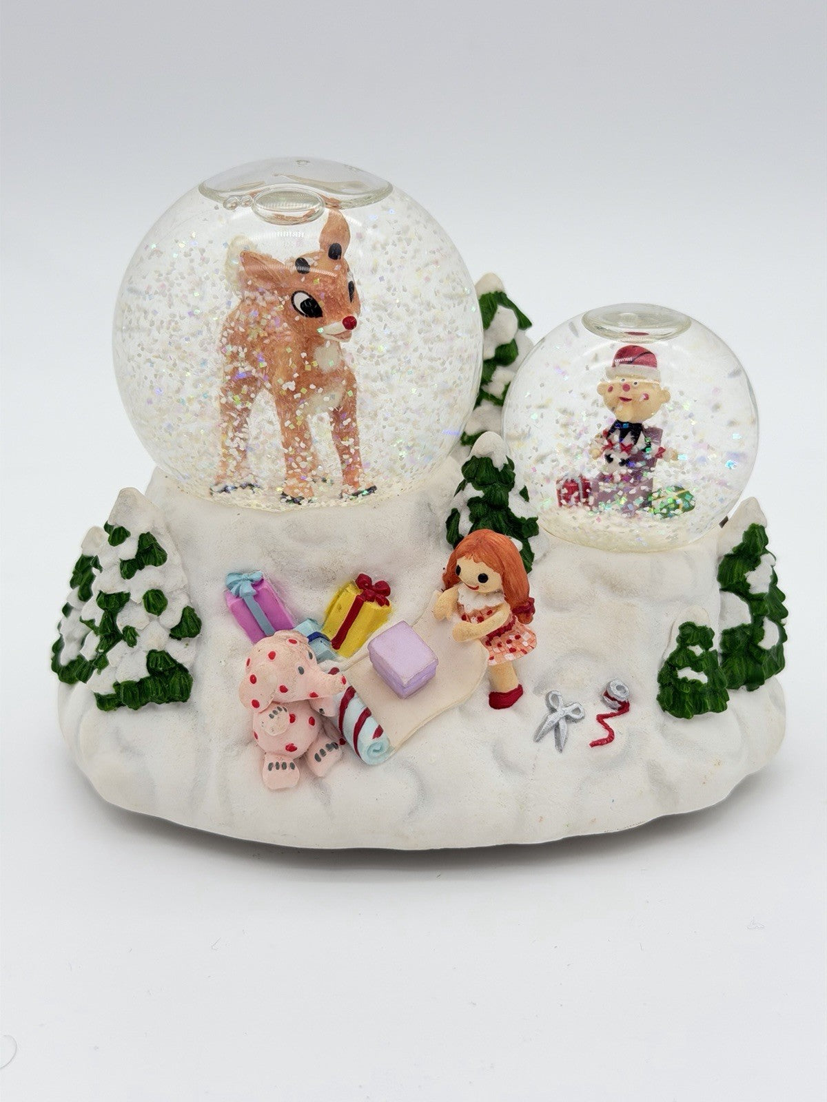 Rare Rudolph Red Nosed Reindeer & Charlie In the Box Musical Double Snowglobe