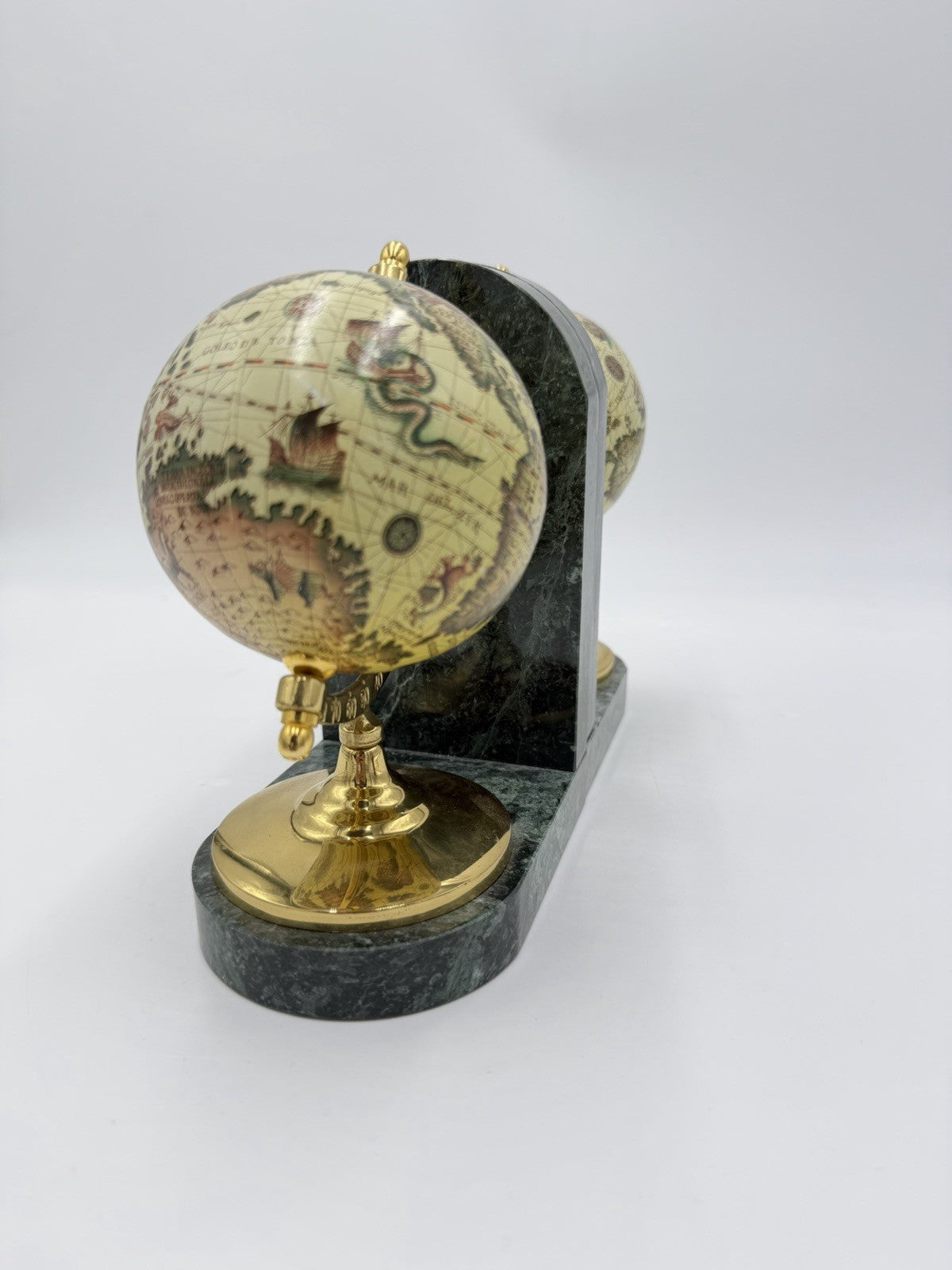 Vintage Marble & Brass Old World Globe Pair Green Gold Bookends 7”Hx9”Lx3”W