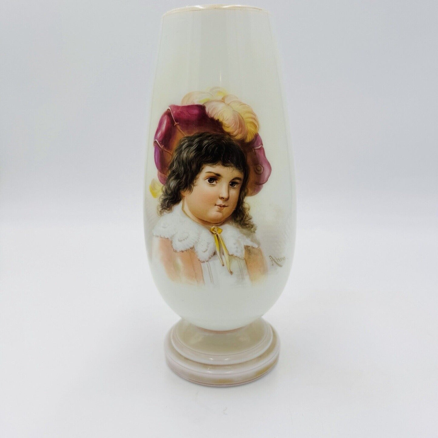 Antique Bohemian Opaline Art Glass Vase Painted & Signed Portrait 9"