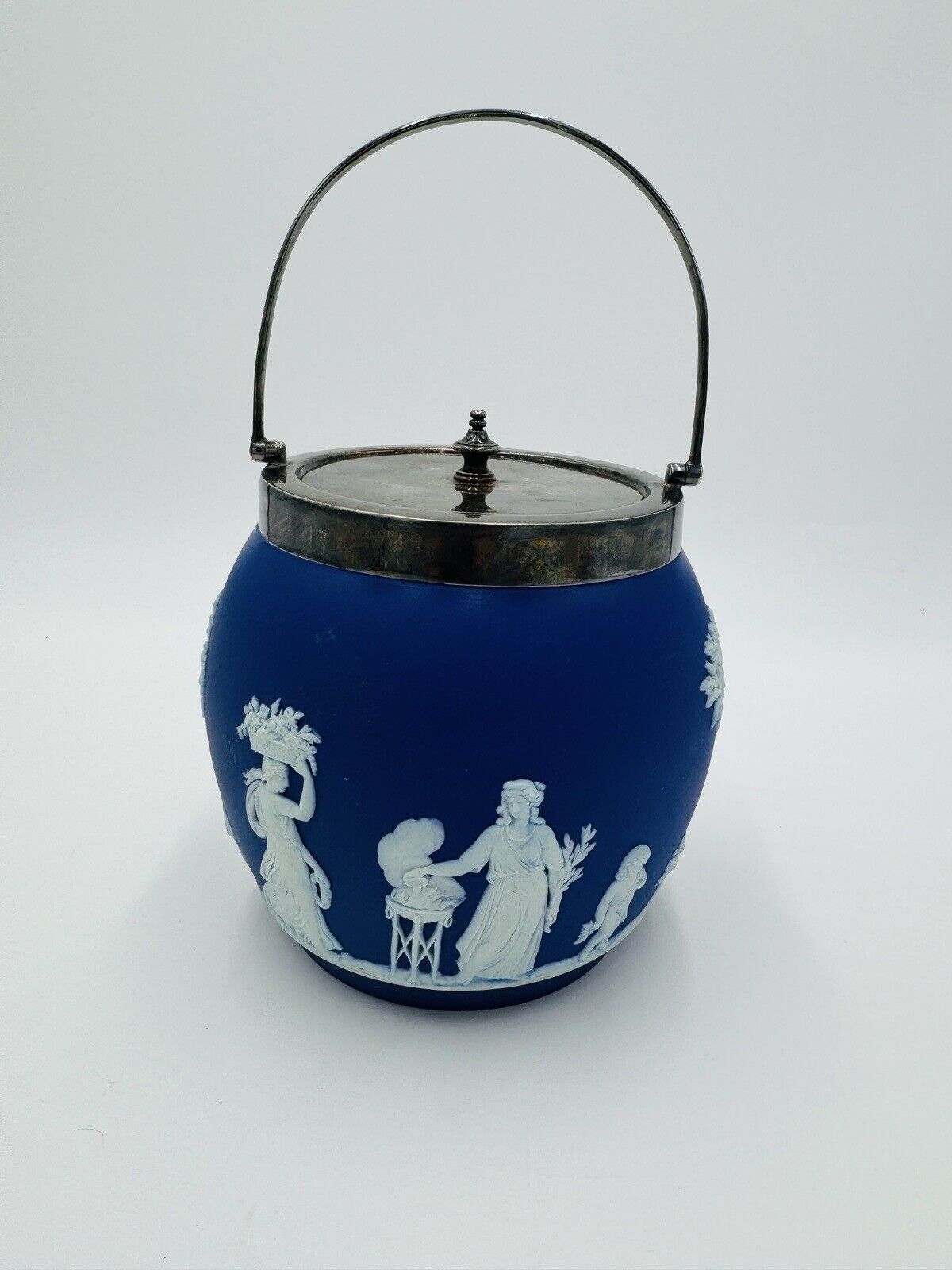 Wedgwood Jasperware Dark Blue Biscuit Lid Dipped White Round Cookie Jar 1930’s