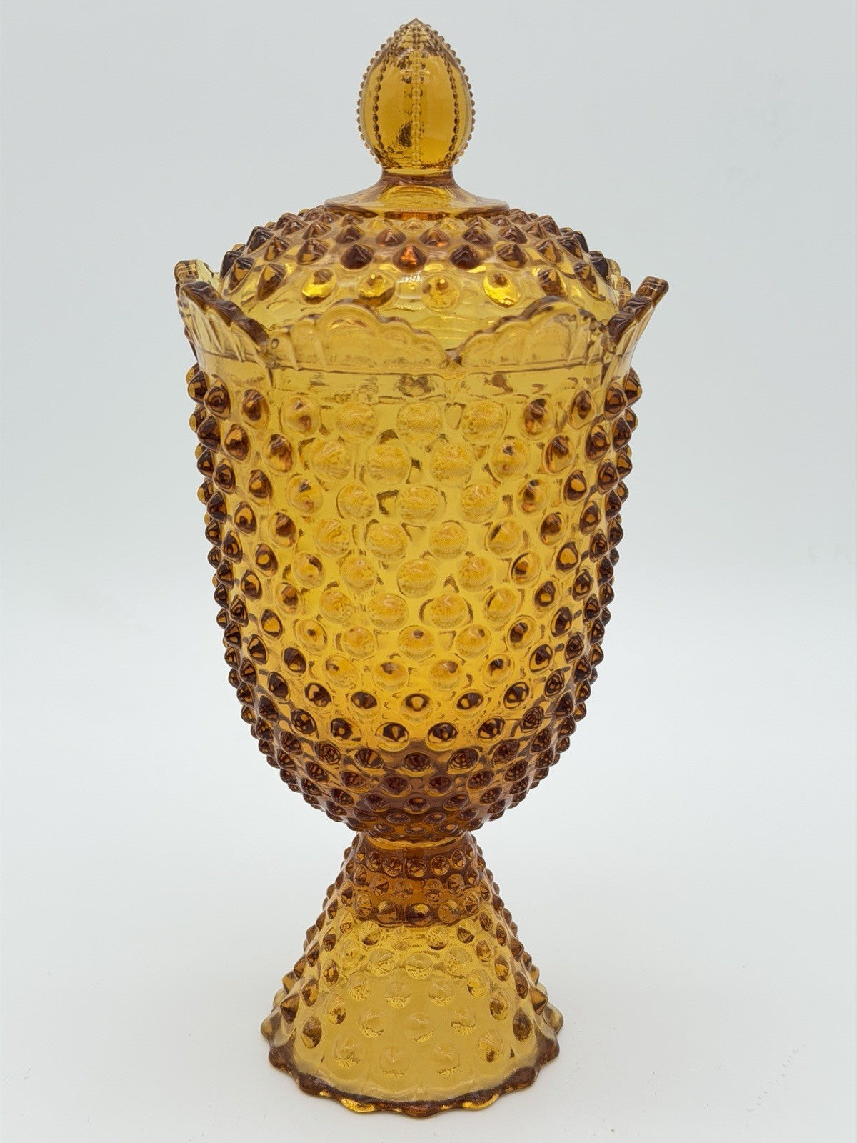 Fenton Art Glass Hobnail Colonial Amber Candy Dish With Lid 11”H Vintage USA