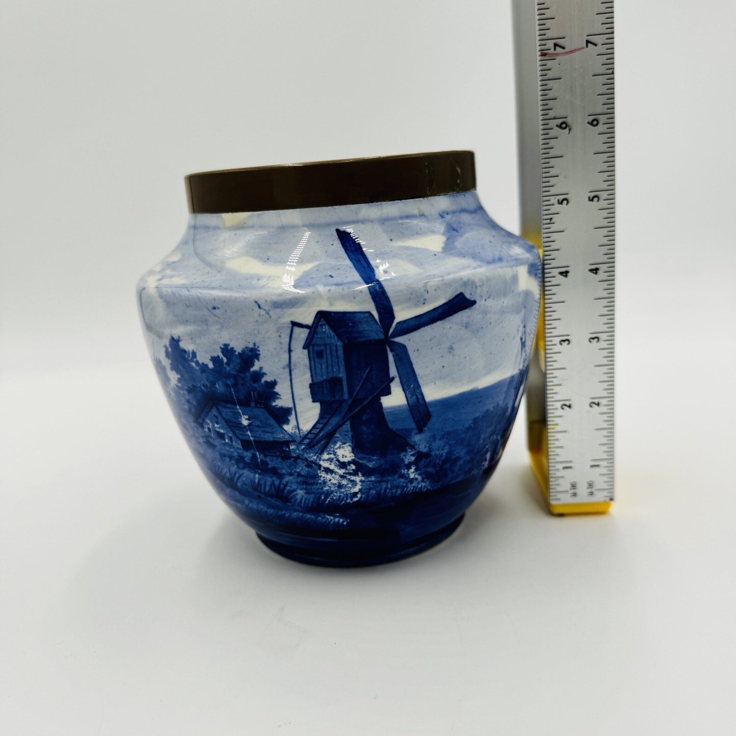 Rare Delft White & Blue Pottery Dutch Bronze Rim Nautical Antique Unmarked 6in H