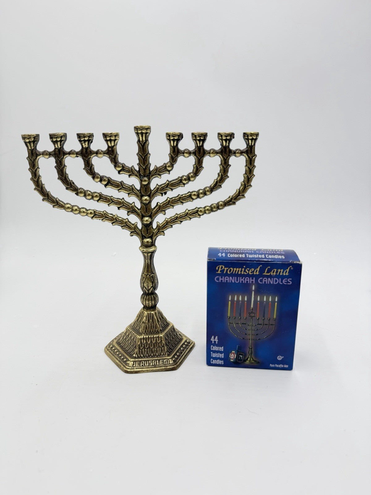Vintage Brass Hanukkah Menorah Jerusalem Judaica candlestick Israel 8in