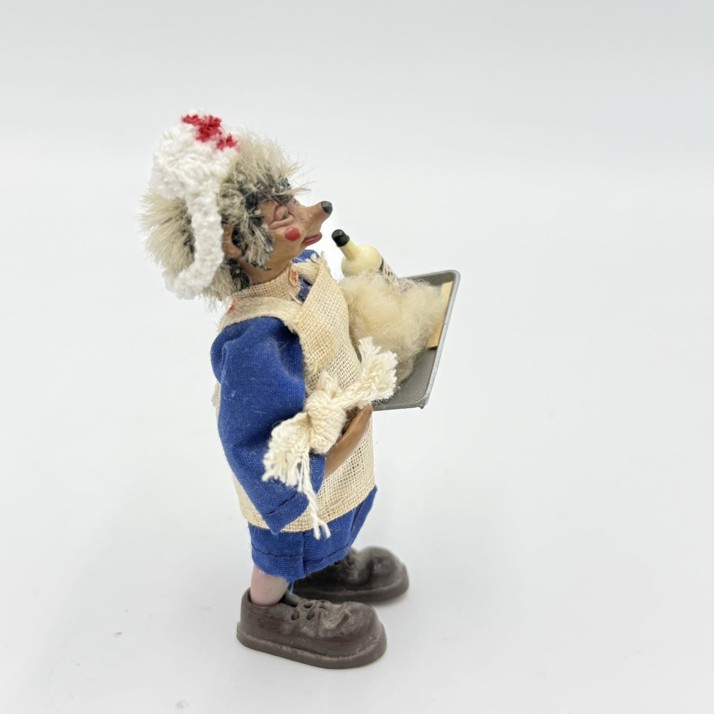Vintage Peter Mecki 3.5" Steiff Hedgehog Doll Nurse With Medicine Tray & Hat