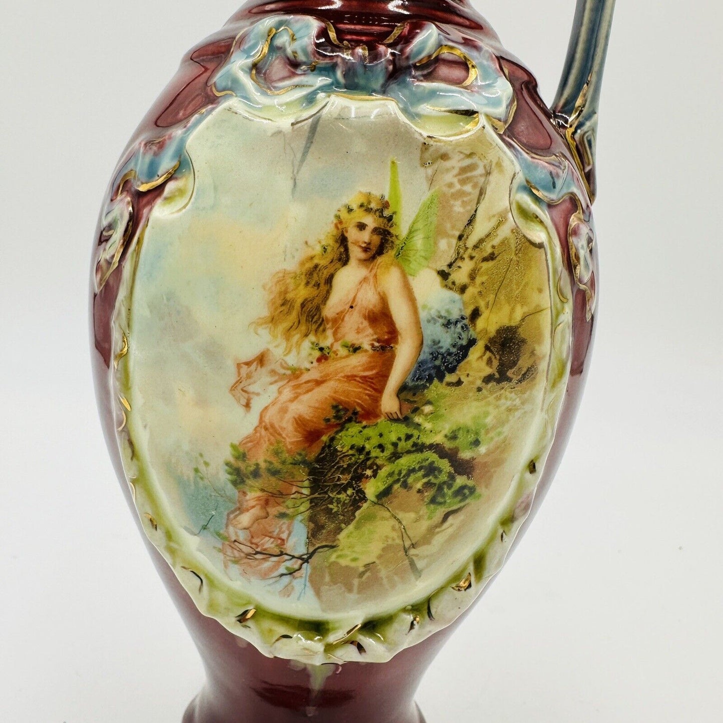 Majolica Red Pitcher Blue Ribbon Fairy Portrait Numbered 9in Porcelain Antique