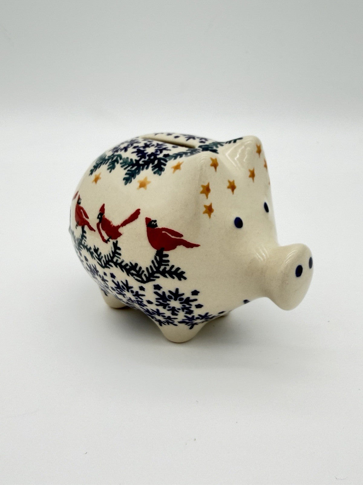 Boleslawiec Polish Art Pottery Hand Painted Cardinal Snow Flakes Piggy Bank