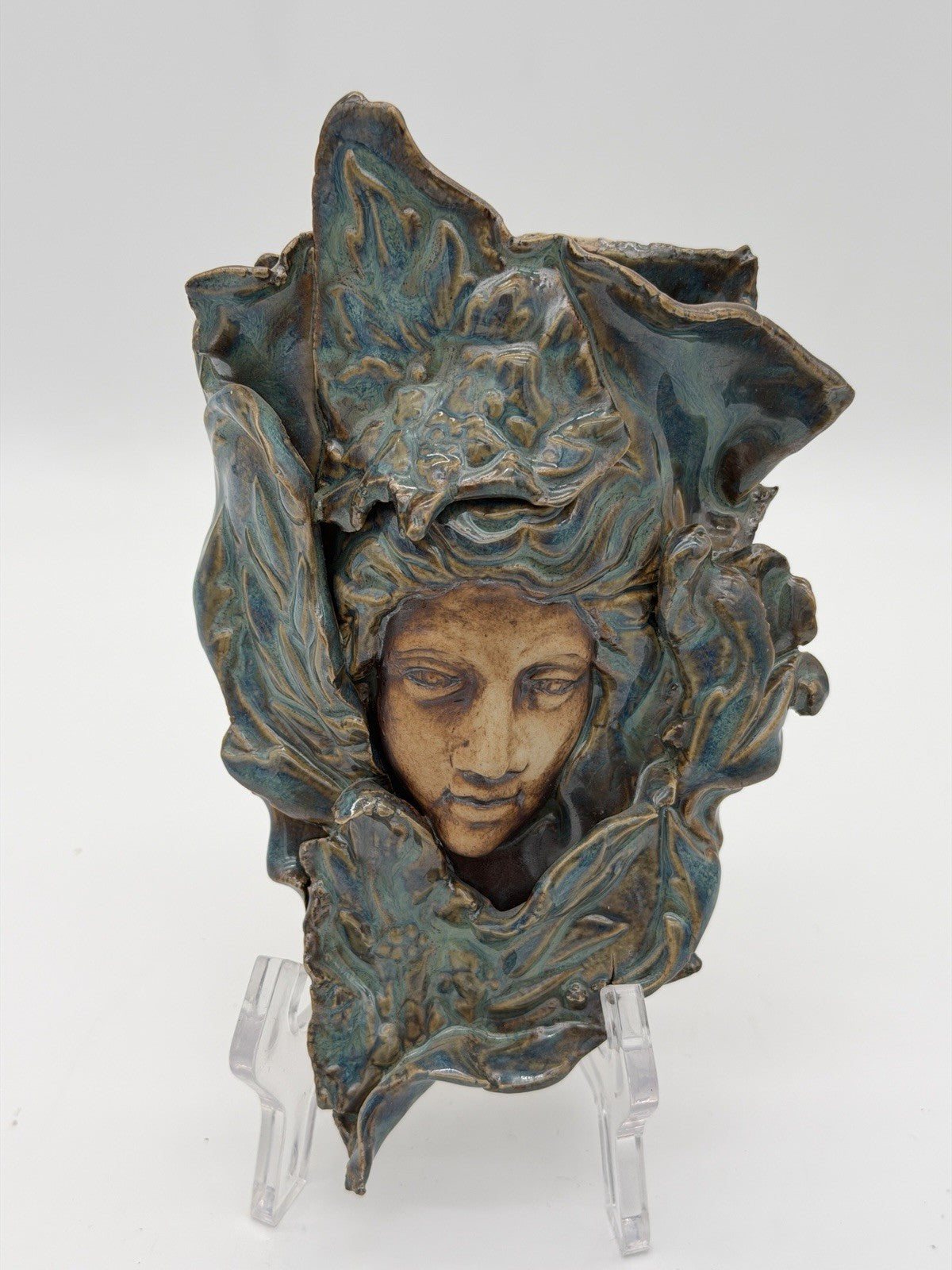 Art Nouveau Studio Art Pottery wall pocket sculpture Teal Blue Glossy 7.5”x4”