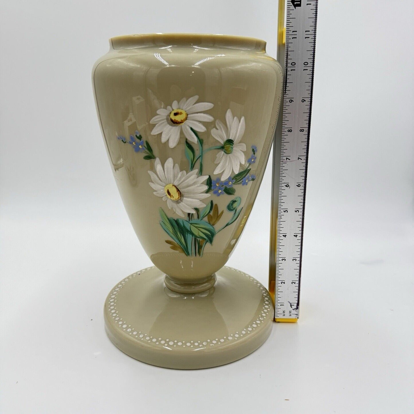 Antique Victorian Bristol Art Glass Hand Painted Daisies Footed Large Vase 11”