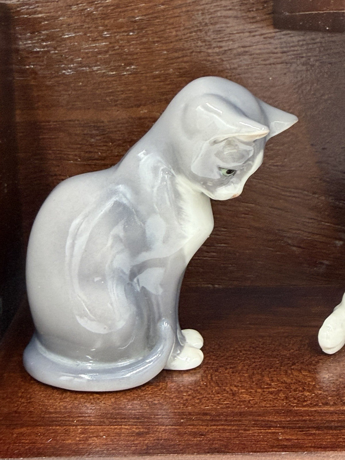 Royal Copenhagen Denmark Porcelain Cat Collection Mini Figurines Wood Shelf