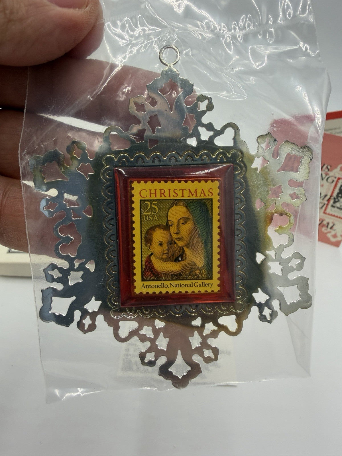 1990 USPS Stamp Ornament Madonna W/baby Silver Christmas Sealed Límited Edition