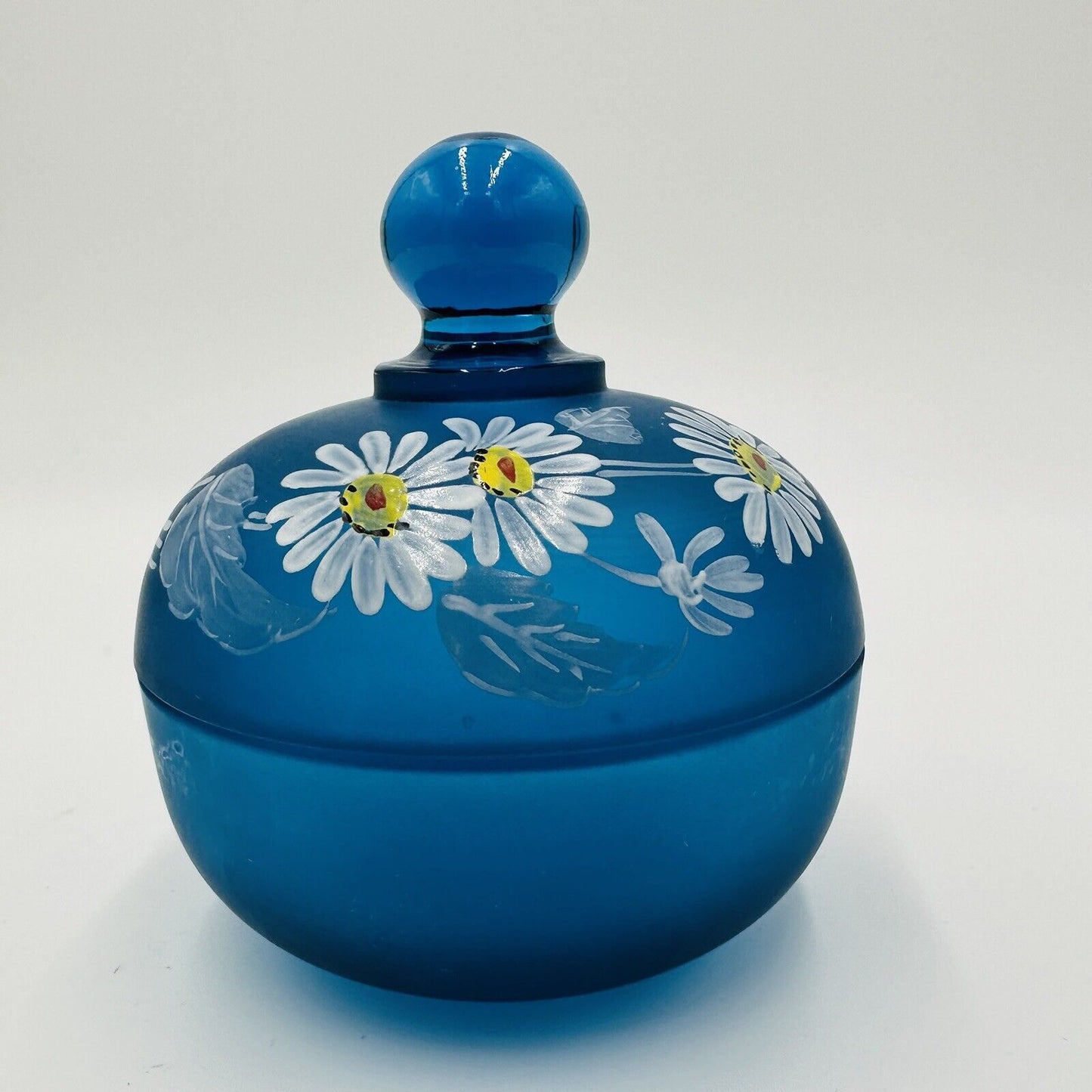 Westmoreland Vanity Dish Blue Satin Glass Lidded Trinket Hand Painted Daisies